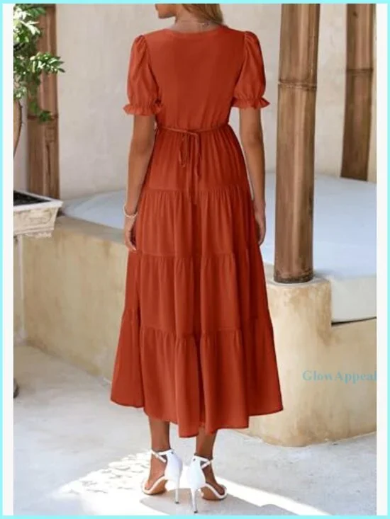 Summer Casual V-Neck Midi Dress A-Line Tiered Wedding Guest - Picture 2 of 7